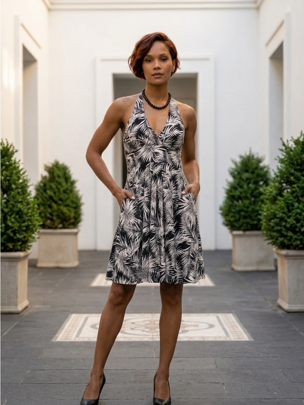 Sleeveless Black & White Palm-Print Halter Dress